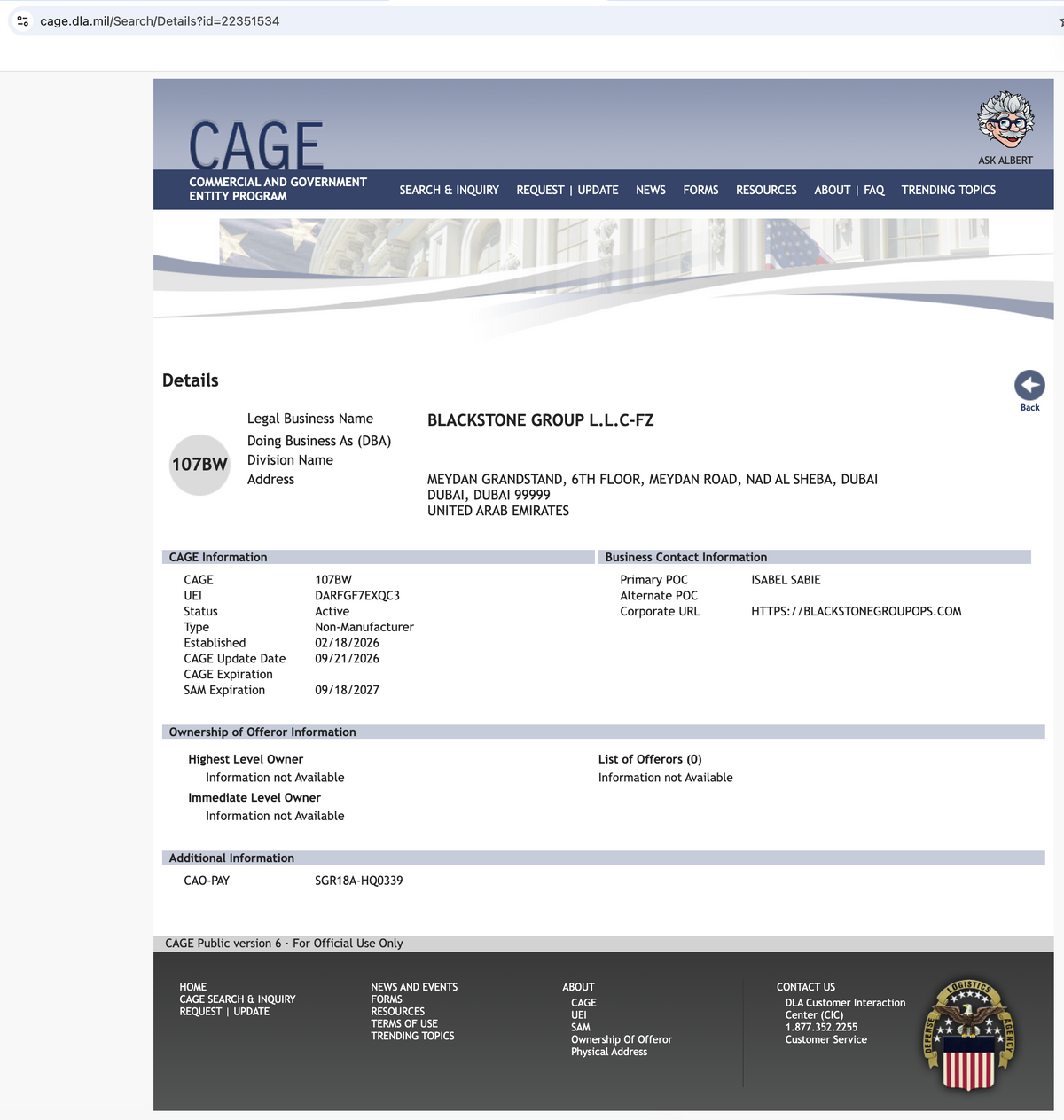 Blackstone Group OPS U.S. MILITARY DEFENSE LOGISTICS AGENCY (DLA)